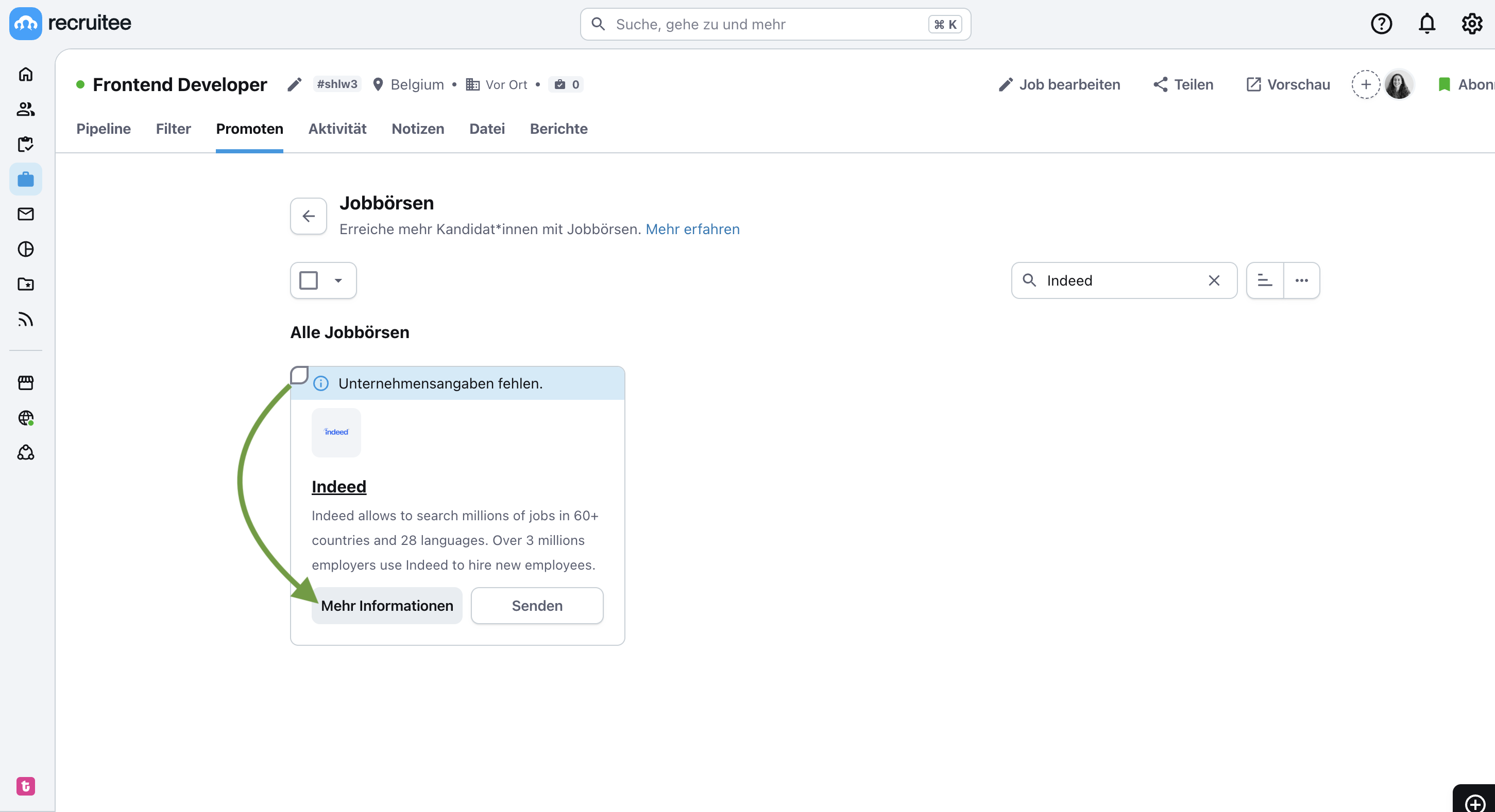 Screenshot der Software Tellent Recruitee, auf dem der Bereich „Promoten“ mit einer Übersicht zu verfügbaren Jobbörsen angezeigt wird.