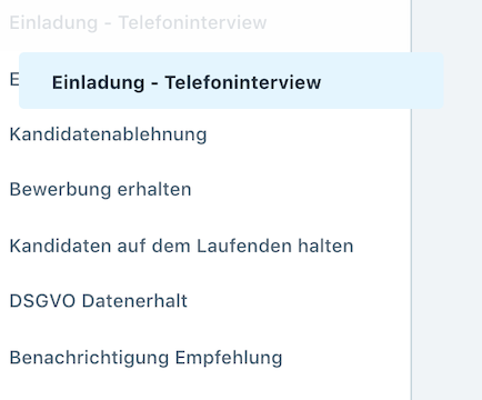 Screenshot der Software Tellent Recruitee, auf dem eine Liste von E-Mail-Vorlagen angezeigt wird.