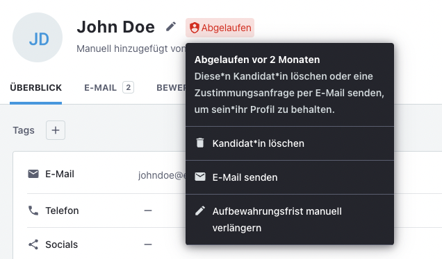 Screenshot der Software Tellent Recruitee, auf dem das Profil eines Kandidaten angezeigt wird, dessen Zustimmung abgelaufen ist.